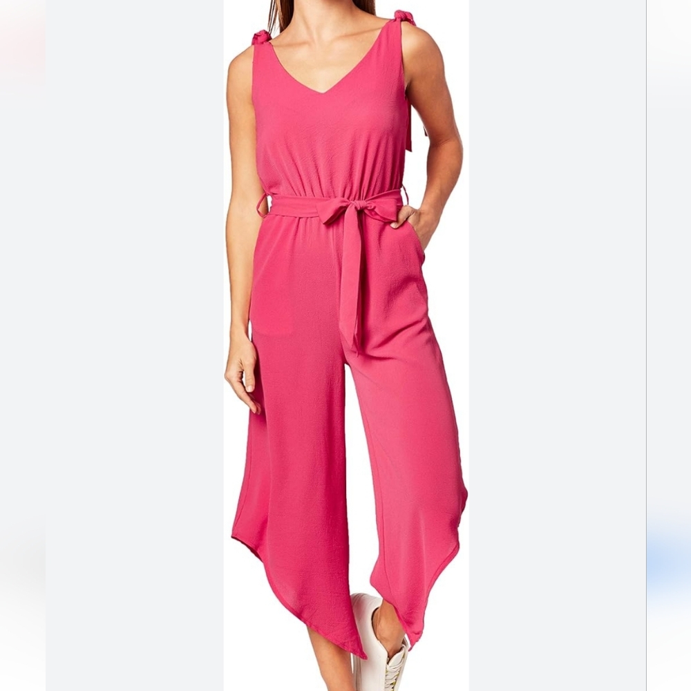 BELONGSCI Women's Pink‎ VNeck Wide Leg Sleeveless Jumpsuit w/ Belt Sz XL